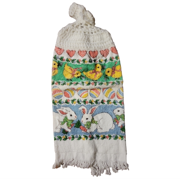Vtg Easter Spring Crotchet Flowers Heart's Chicks Bunny Rabbit B & D Towel Eggs - Picture 2 of 4